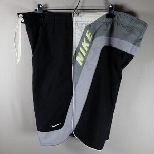 NIKE Shorts Mens L Black Gray Mesh Lined Swim Trunks Swoosh Logo + Drawstrng
